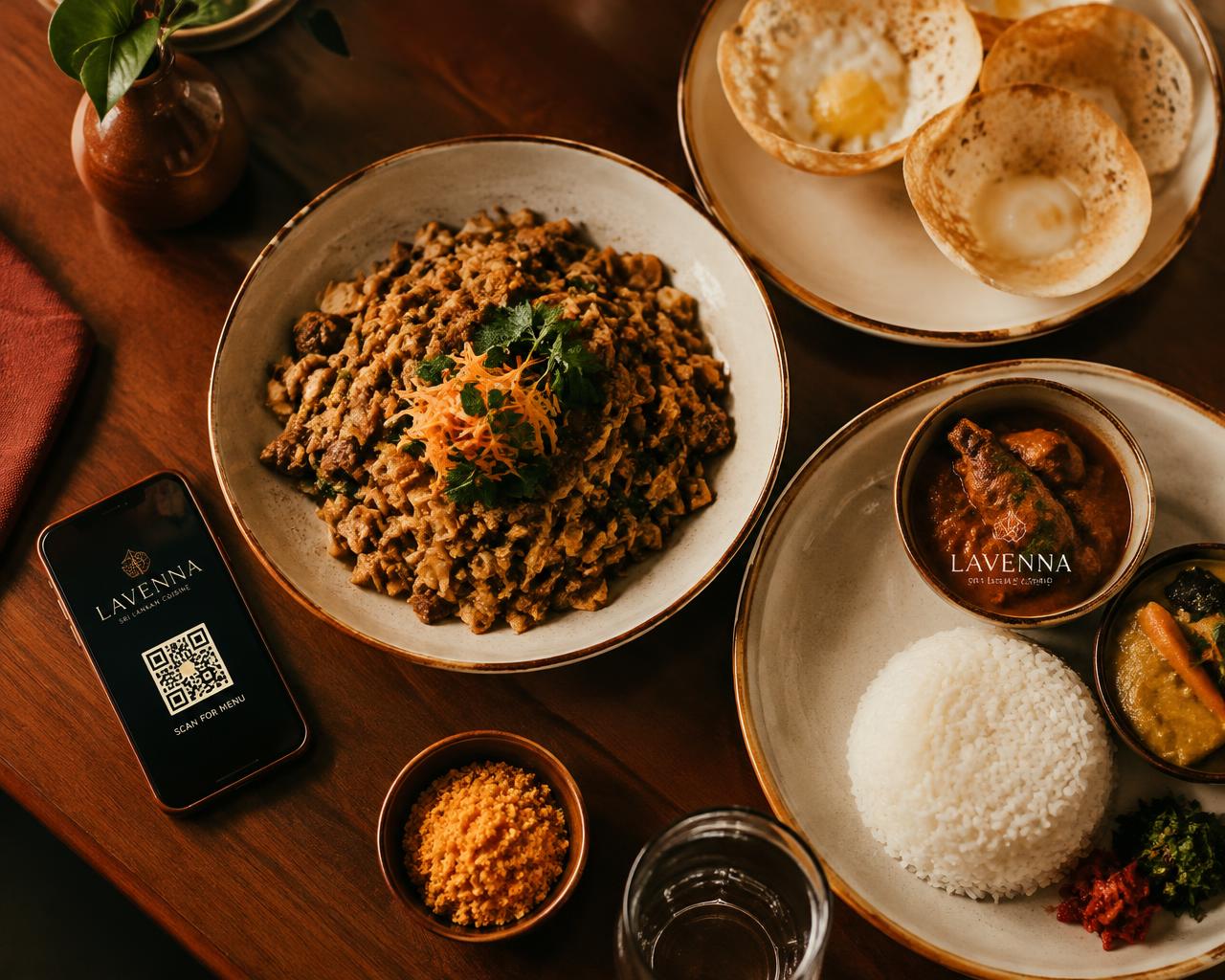 Sri Lankan dishes on a restaurant table with a phone showing a QR menu